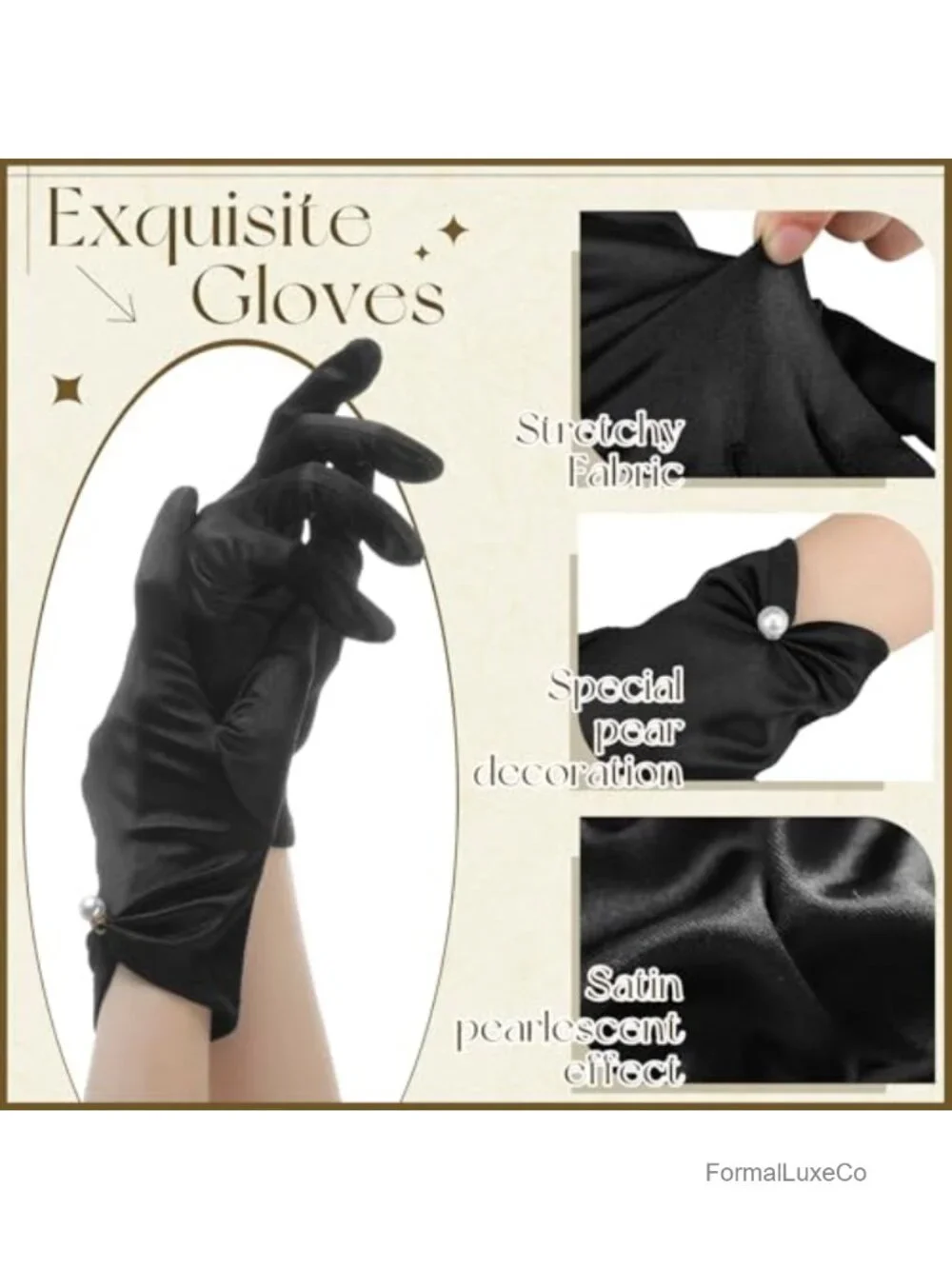 Short Satin Gloves with Pearls - 1920s Flapper Gloves